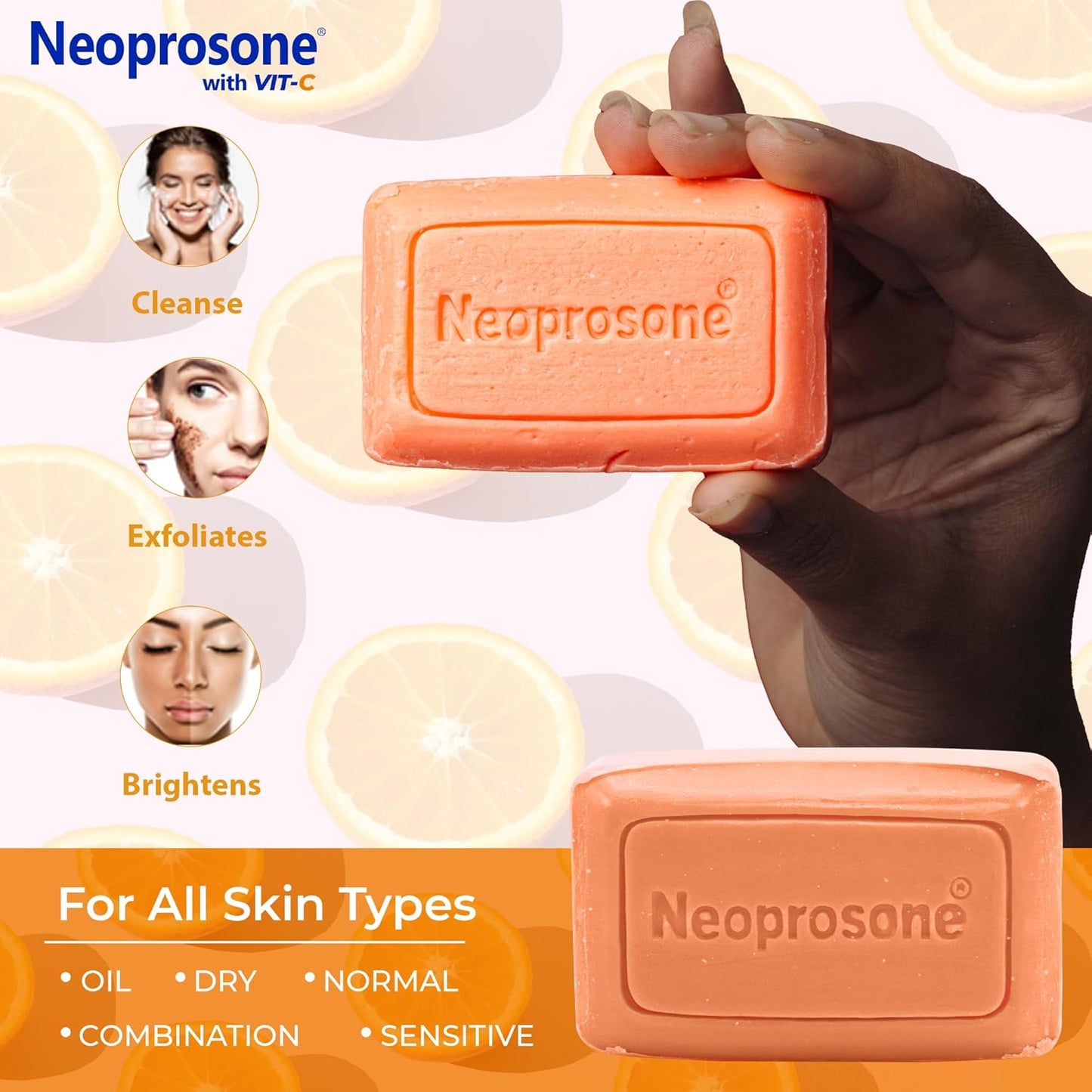 Neoprosone, Skin Brightening Soap | 2.82 oz / 80 g | Cleansing Bar, Helps to Remove Spots on: Knees, Elbows, Face, Private Areas | For Women and Men, with Vitamin C and Castor Oil