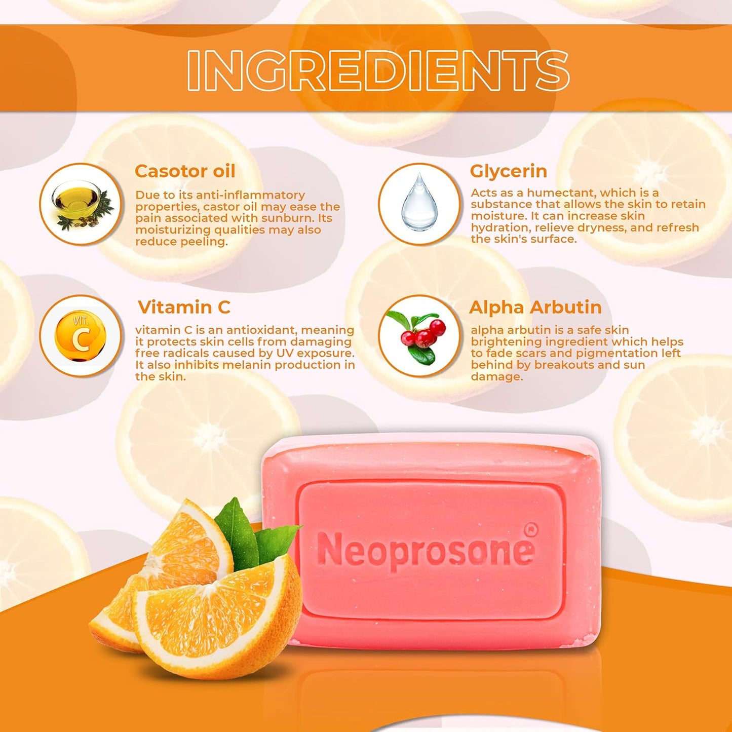 Neoprosone, Skin Brightening Soap | 2.82 oz / 80 g | Cleansing Bar, Helps to Remove Spots on: Knees, Elbows, Face, Private Areas | For Women and Men, with Vitamin C and Castor Oil