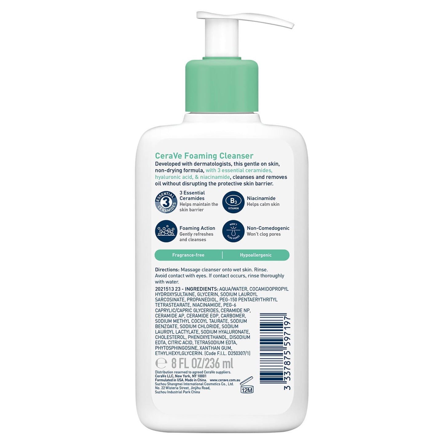 CeraVe Foaming Cleanser for Normal to Oily Skin with Niacinamide and 3 Essential Ceramides