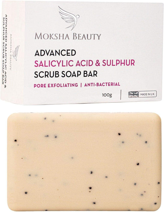 Salicylic Acid and Sulphur Soap Scrub Bar - [Made In U.K] Salicylic Acid Treatment for Acne Spots Blackheads Blemishes Milia Pimples Problem Skin, Face Cleanser for Men, Women, Teens - 100g