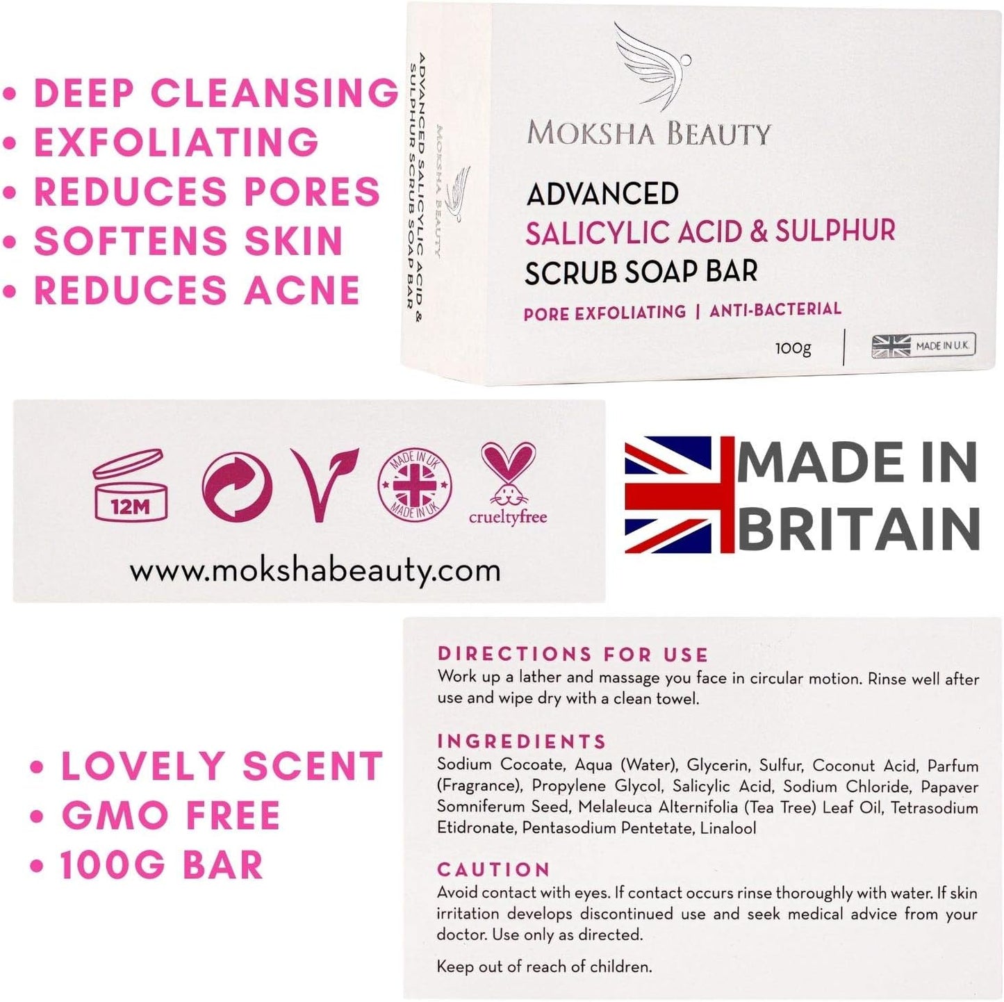 Salicylic Acid and Sulphur Soap Scrub Bar - [Made In U.K] Salicylic Acid Treatment for Acne Spots Blackheads Blemishes Milia Pimples Problem Skin, Face Cleanser for Men, Women, Teens - 100g