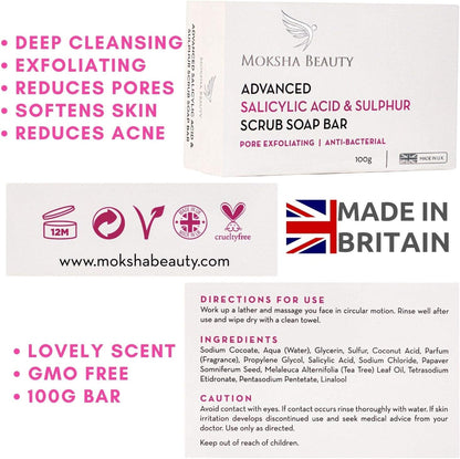 Salicylic Acid and Sulphur Soap Scrub Bar - [Made In U.K] Salicylic Acid Treatment for Acne Spots Blackheads Blemishes Milia Pimples Problem Skin, Face Cleanser for Men, Women, Teens - 100g